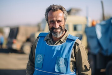 Portrait of a smiling male worker standing in front of a truck