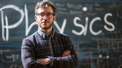 Portrait of a handsome young man standing in front of a chalkboard with the word "Physics" written - Powered by Adobe