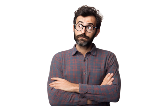 A Detailed Look at the Isolated Confused Man Portraying a State of Confusion on a White or Clear Surface PNG Transparent Background.