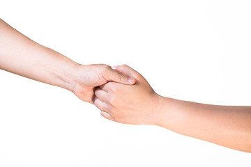 Two hands hold tightly together in different pose on isolated white background