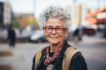 Portrait of happy senior woman with eyeglasses in the city