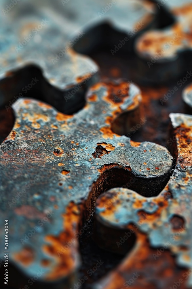 Poster A detailed close-up of a single metal puzzle piece. Can be used to represent problem-solving, teamwork, or the missing piece in a concept
