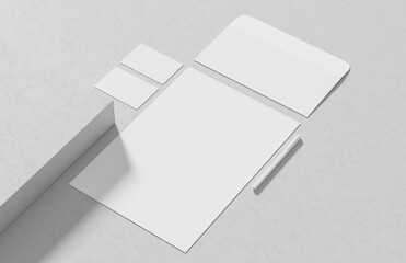 Corporate identity stationery mock up isolated on modern style white background. Mock up for branding identity. 3D illustration