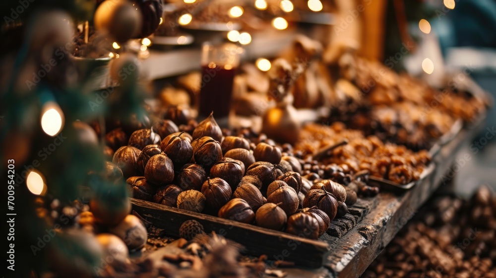 Poster a tray of nuts placed on a table with beautiful lights in the background. suitable for various culin