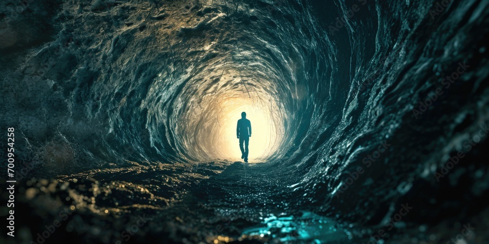 Poster a person standing in a tunnel with a light at the end. perfect for illustrating hope, new beginnings