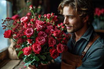 A young handsome man with a large bouquet of scarlet roses