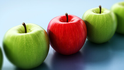 Red apple standing out from green apples. 3D illustration