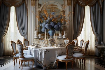 A high-end dining room with a marble-topped table, luxurious silk drapes, and an eye-catching centerpiece adorning the table.