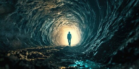 A person standing in a tunnel with a light at the end. Perfect for illustrating hope, new beginnings, or overcoming obstacles - obrazy, fototapety, plakaty