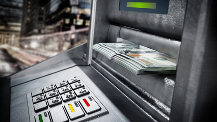 Automatic teller machine ATM with dollar bankroll. 3D illustration