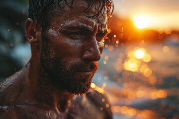 Raindrop Adonis: Wet Portrait of Young, Attractive, Muscular Man