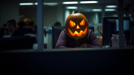 Glowing Halloween pumpkin at night with boss at office. Party, horror, fear