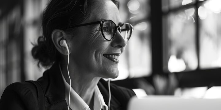 A woman wearing glasses and headphones is focused on her laptop. This image can be used to represent technology, work, remote work, studying, online courses, or communication