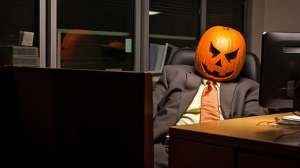 Glowing Halloween pumpkin at night with boss at office. Party, horror, fear
