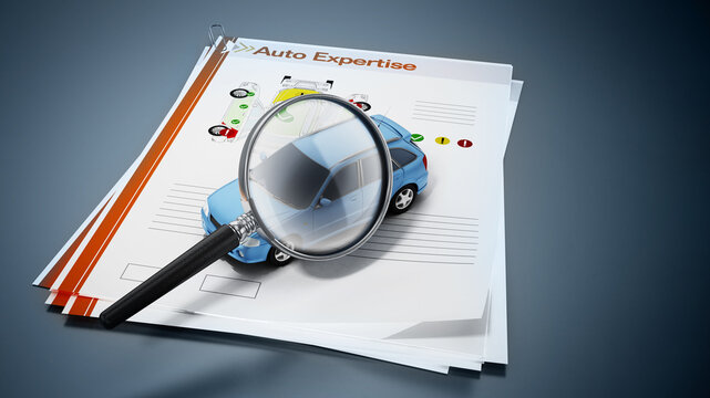 Auto expertise concept. Magnifying glass on the model car with test results. 3D illustration