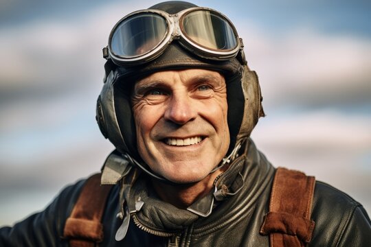 Portrait of a happy senior aviator in helmet and leather jacket.