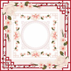chinese frame with flowers and leaves vector