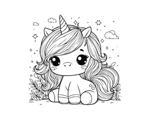 Cute Cartoon Character of unicorn for coloring book. outline line art. Printable Design. isolated white background