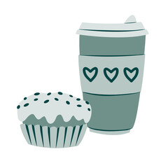 Vector Illustration of muffin and paper coffee cup with heart pattern, flat style icon isolated on a white background. Romantic Valentine's Day breakfast.