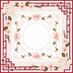 chinese frame with flowers and leaves vector
