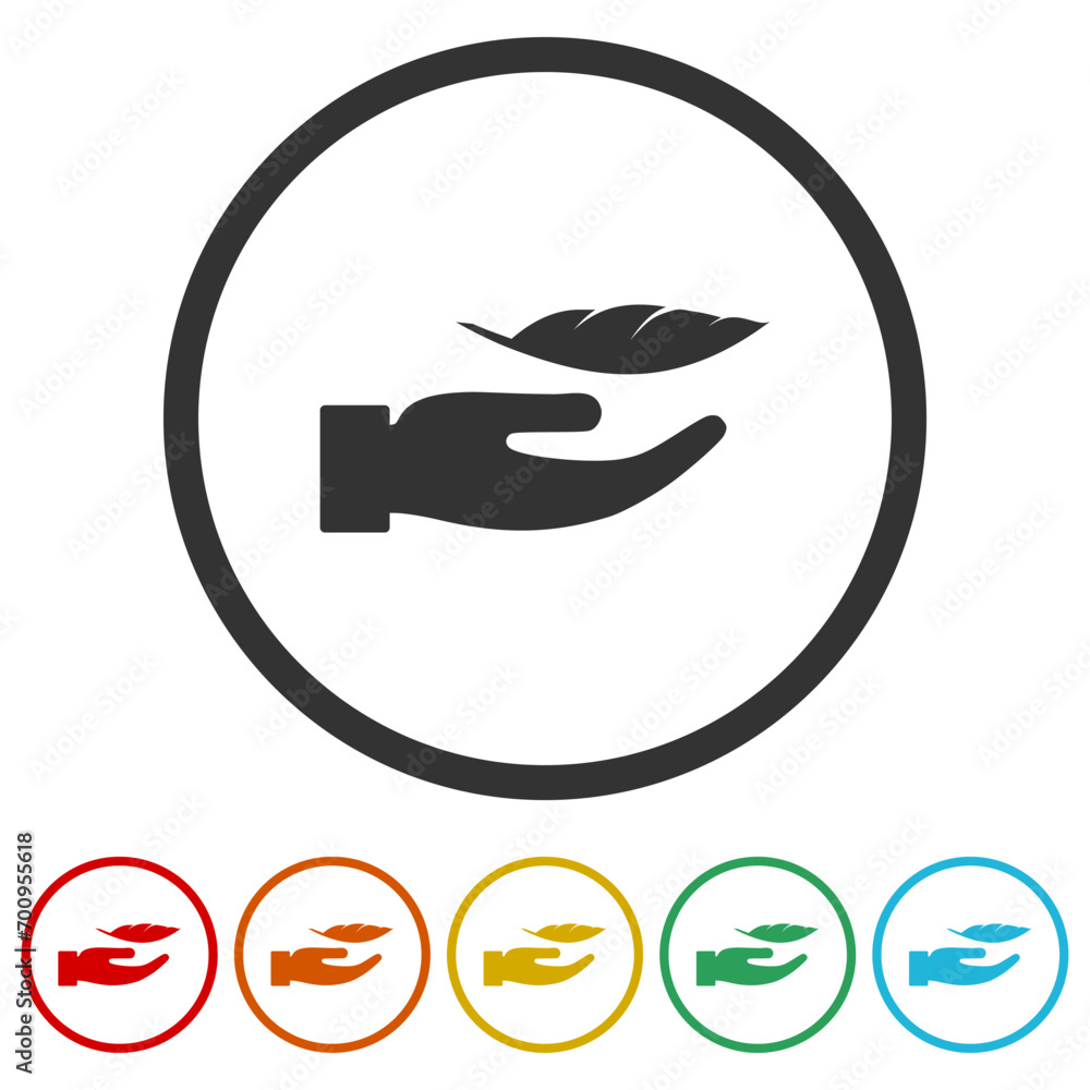 Poster lightweight feather on hand silhouette icon. set icons in color circle buttons