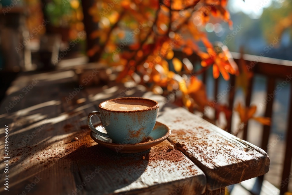 Poster A simple and inviting image of a cup of coffee sitting on a wooden table. Perfect for adding warmth and coziness to any project or design