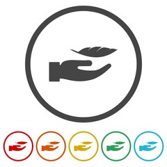 Lightweight Feather on Hand Silhouette icon. Set icons in color circle buttons