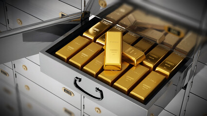 Gold ingots inside private bank deposit box. 3D illustration - obrazy, fototapety, plakaty
