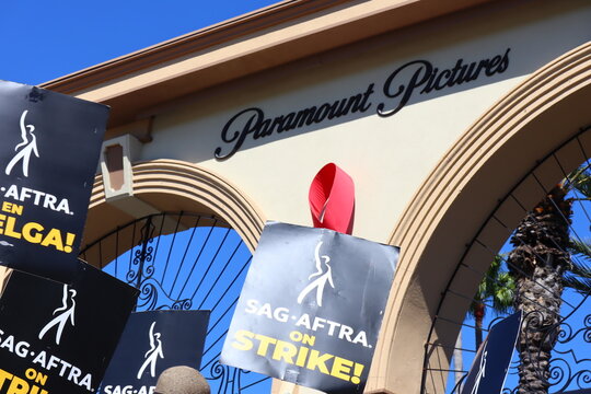 Los Angeles, California – October 5, 2023: SAG-AFTRA Placard Signs at Paramount Pictures, Los Angeles. SAG-AFTRA Screen Actors Guild‐American Federation of Television and Radio Artists