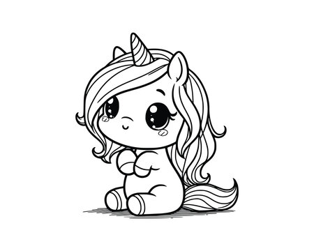 Cute Cartoon Character of unicorn for coloring book. outline line art. Printable Design. isolated white background