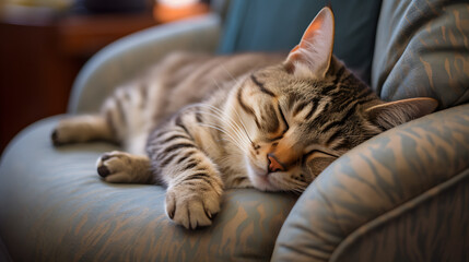 A tabby cat curled up asleep on a cozy armchair. - Powered by Adobe