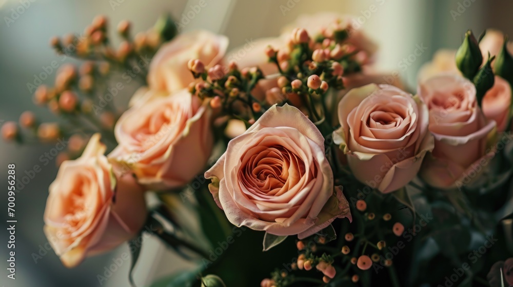 Poster a beautiful arrangement of pink roses in a vase. perfect for adding a touch of elegance and romance 
