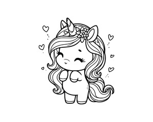 Cute Cartoon Character of unicorn for coloring book. outline line art. Printable Design. isolated white background