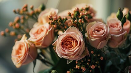 A beautiful arrangement of pink roses in a vase. Perfect for adding a touch of elegance and romance to any space