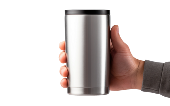 Isolated View of Man Holding Travel Mug on a White or Clear Surface PNG Transparent Background.