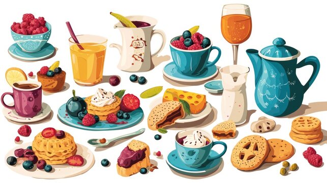 A variety of breakfast foods and drinks are displayed on a table. This image can be used to showcase a delicious breakfast spread or for promoting a breakfast-themed event