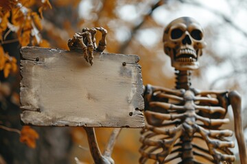 A skeleton holding a wooden sign in front of a tree. Perfect for Halloween decorations or spooky themed projects