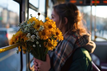 Naklejka premium A woman holding a bunch of flowers while riding on a bus. Perfect for depicting everyday life and transportation scenes
