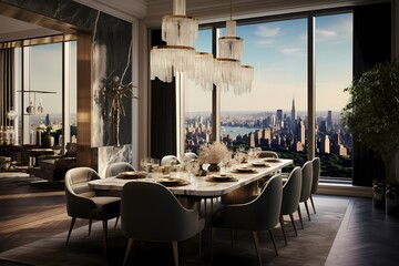 A luxury dining room with a long, marble-topped table, velvet dining chairs, and a breathtaking view of the cityscape through floor-to-ceiling windows.