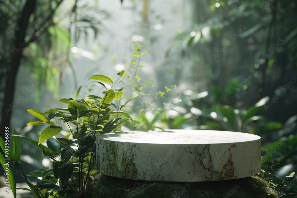 Poster A white round object is sitting on top of a tree stump. This image can be used to depict nature, balance, or a unique object in a natural setting