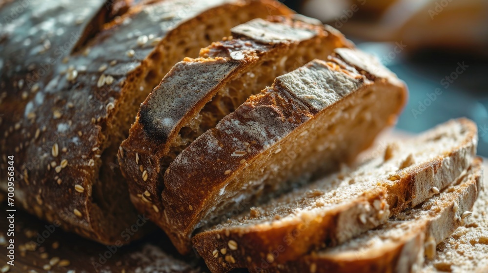 Poster a sliced loaf of bread placed on a cutting board. this image can be used for food and cooking-relate
