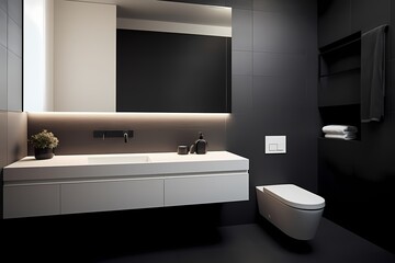 Fototapeta na wymiar A minimalist bathroom with a monochromatic color scheme, a wall-mounted toilet, and a sleek countertop basin, exuding elegance and simplicity.