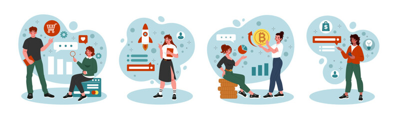 Digital online product. Experience retail platform. Business leadership. Startup project management. Market auction. Outline growth infographic. Money marketplace analysis. Vector tidy concepts set