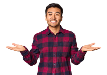 Young Chinese man in studio background makes scale with arms, feels happy and confident.