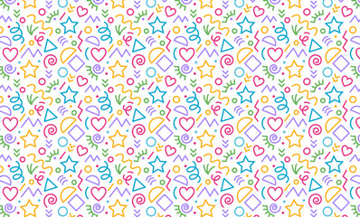 Color kids seamless pattern. Abstract fun line drawing. Childish party graphic. Cute squiggle icons. Cute doodle shapes. Scribble elements. Birthday celebrate. Repeated print. Vector tidy background