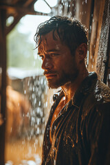 Drenched Elegance: Wet Portrait of Young, Attractive, Muscular Man