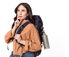 Young Caucasian with hiking gear and bottle looking sideways with doubtful and skeptical expression.