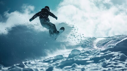 A man riding a snowboard down a snow covered slope. Perfect for winter sports enthusiasts and adventure seekers