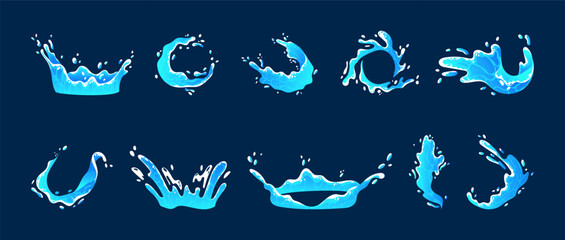 Water splash. Cartoon circle ocean. Spray drops. Fresh and clean liquid flow. Game UI icon. Magic VFX effect. Sea mineral swirl. Animation blue wave. Aqua ripple. Vector garish nature elements set