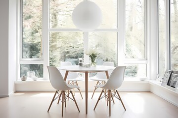A minimalist dining room with a round white table, Scandinavian-inspired chairs, and large windows allowing plenty of natural light to fill the space.